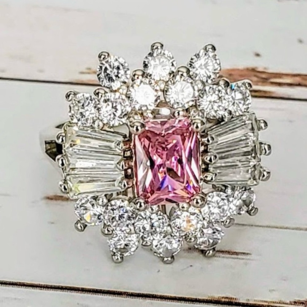 Pink Topaz & Baguette Solid Sterling Silver Princess Ring